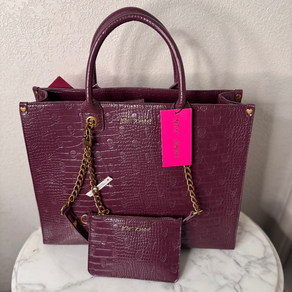 Betsey Johnson dark cherry color, Textured SKULL embossed Tote with Gold Chain